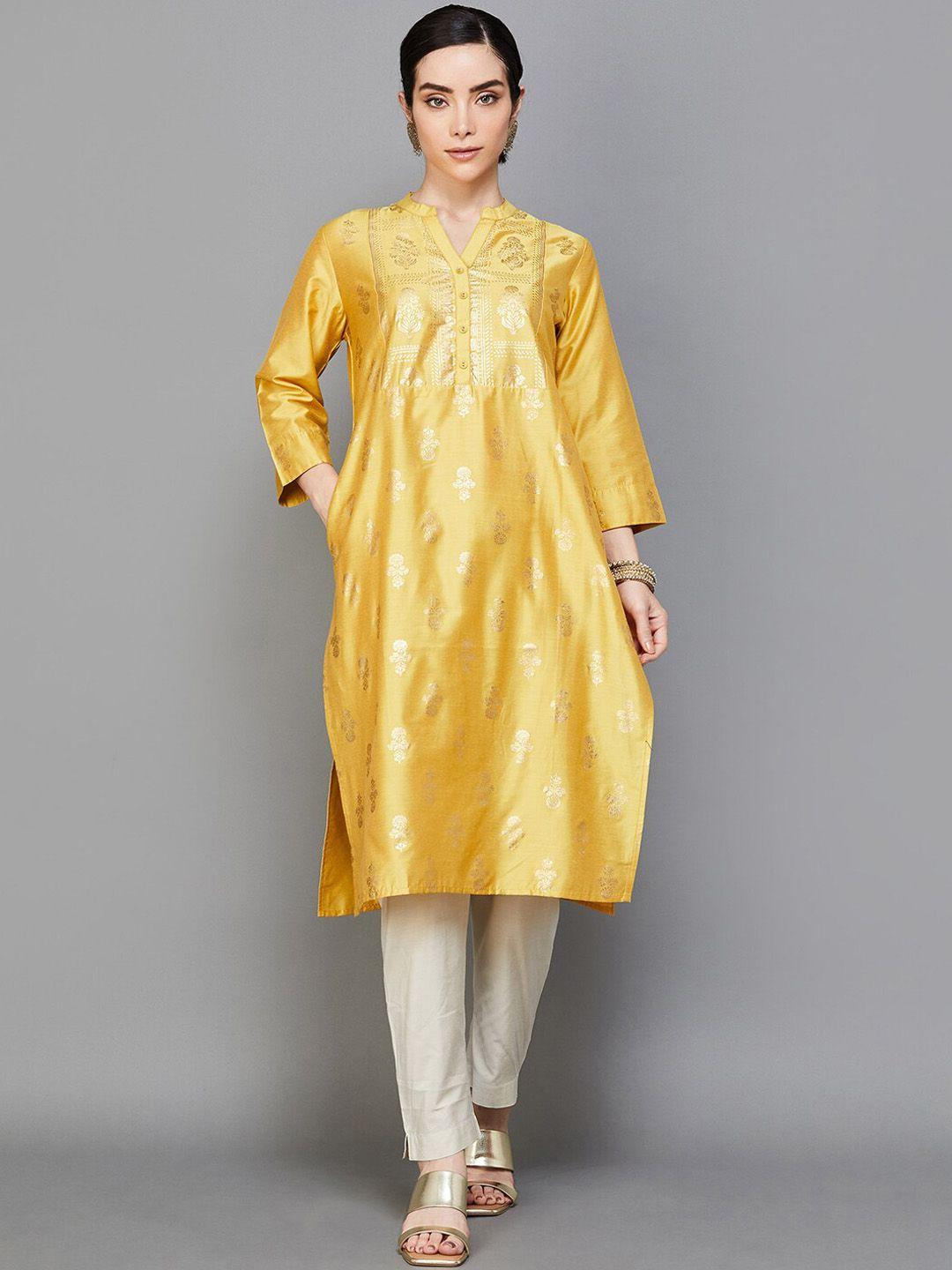melange by lifestyle ethnic motifs woven design mandarin collar kurta