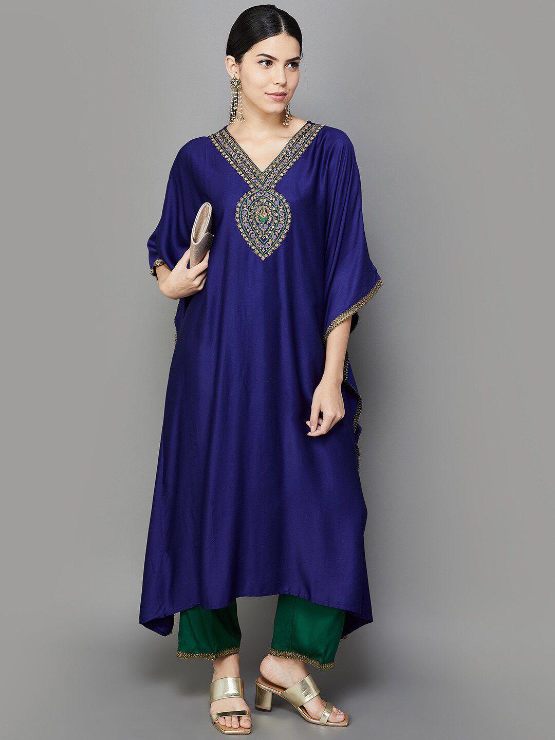 melange by lifestyle ethnic motifs yoke design thread work kaftan kurta with trousers