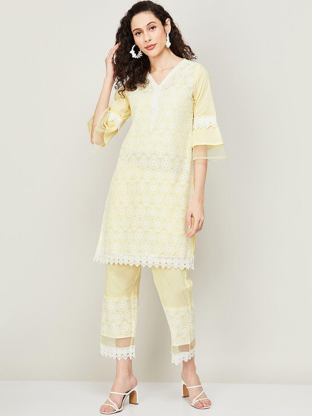 melange by lifestyle floral embroidered pure cotton kurta with trousers & with dupatta