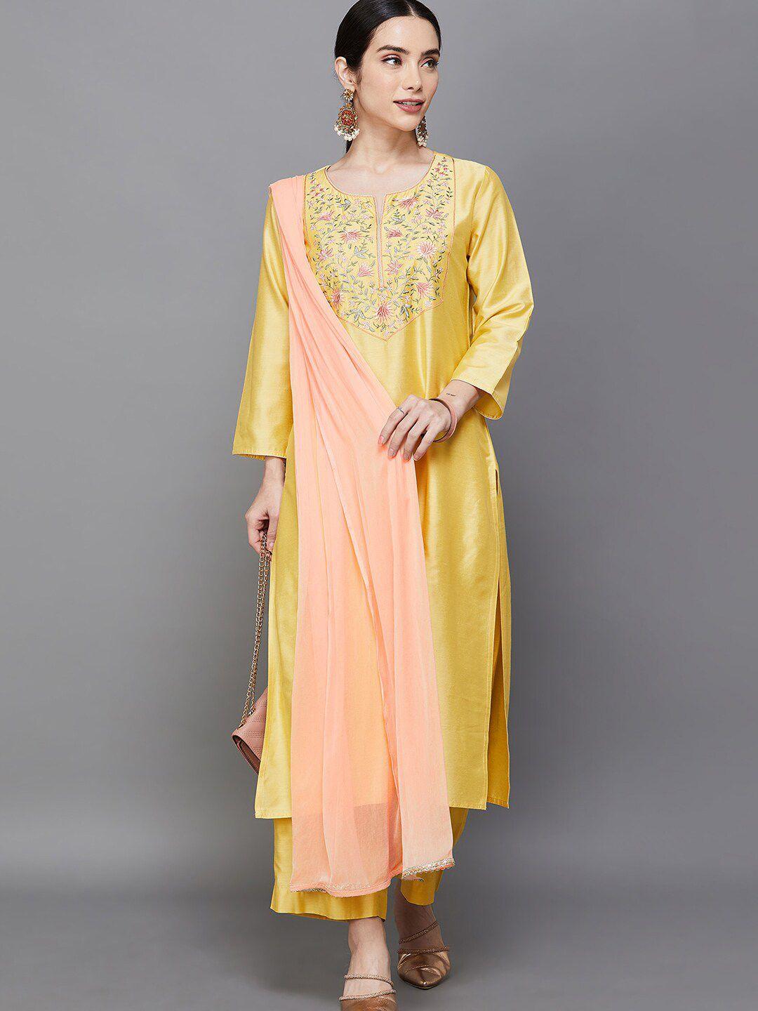melange by lifestyle floral embroidered thread work kurta with trousers & with dupatta