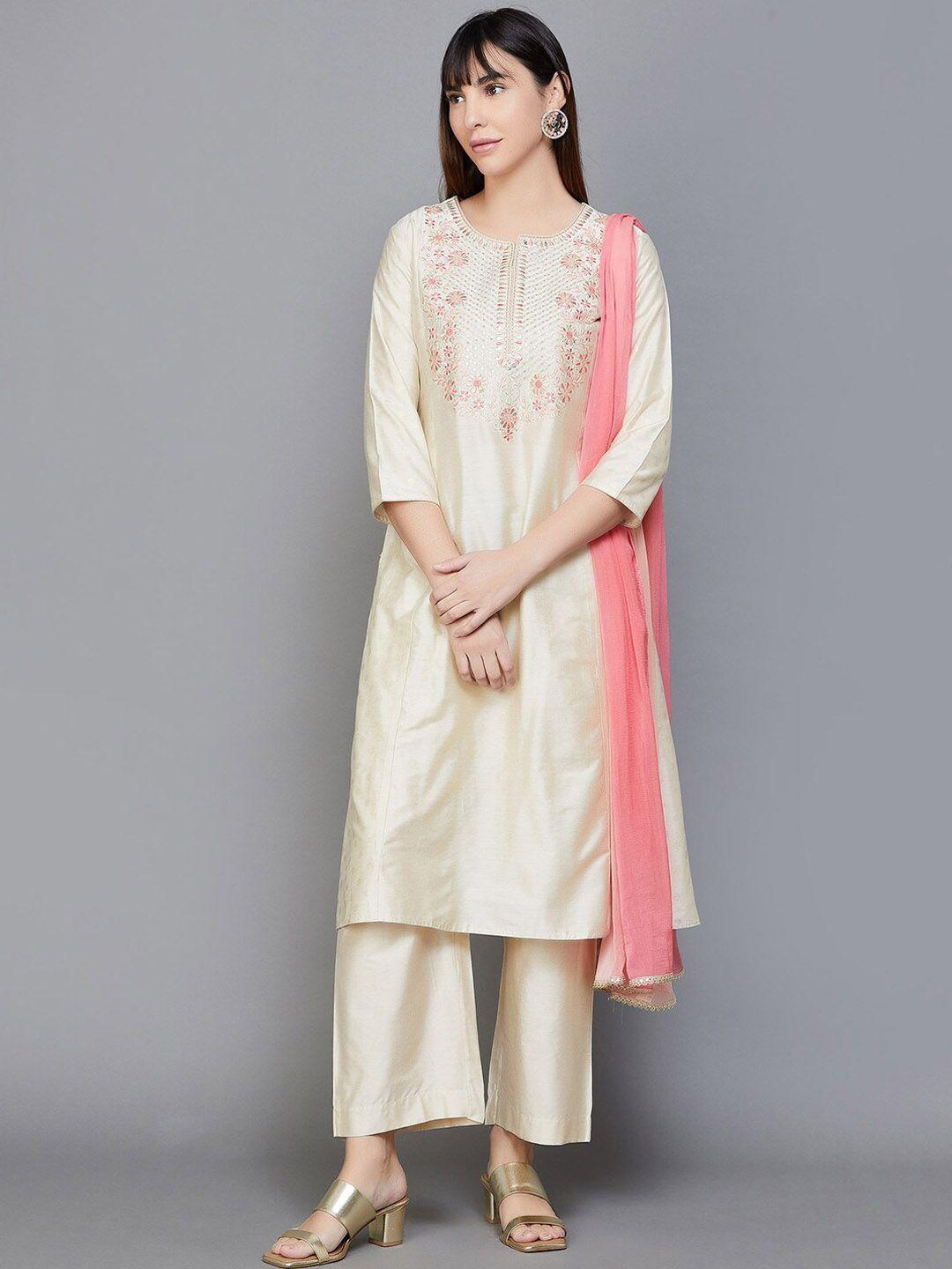 melange by lifestyle floral embroidered yoke design straight kurta with trousers & dupatta