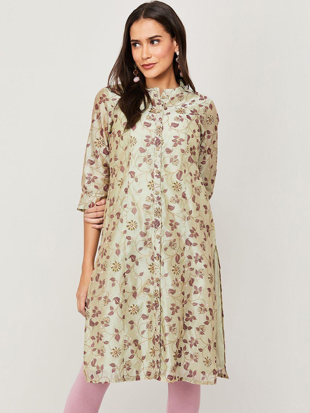 melange by lifestyle floral printed mandarin collar chanderi silk kurta