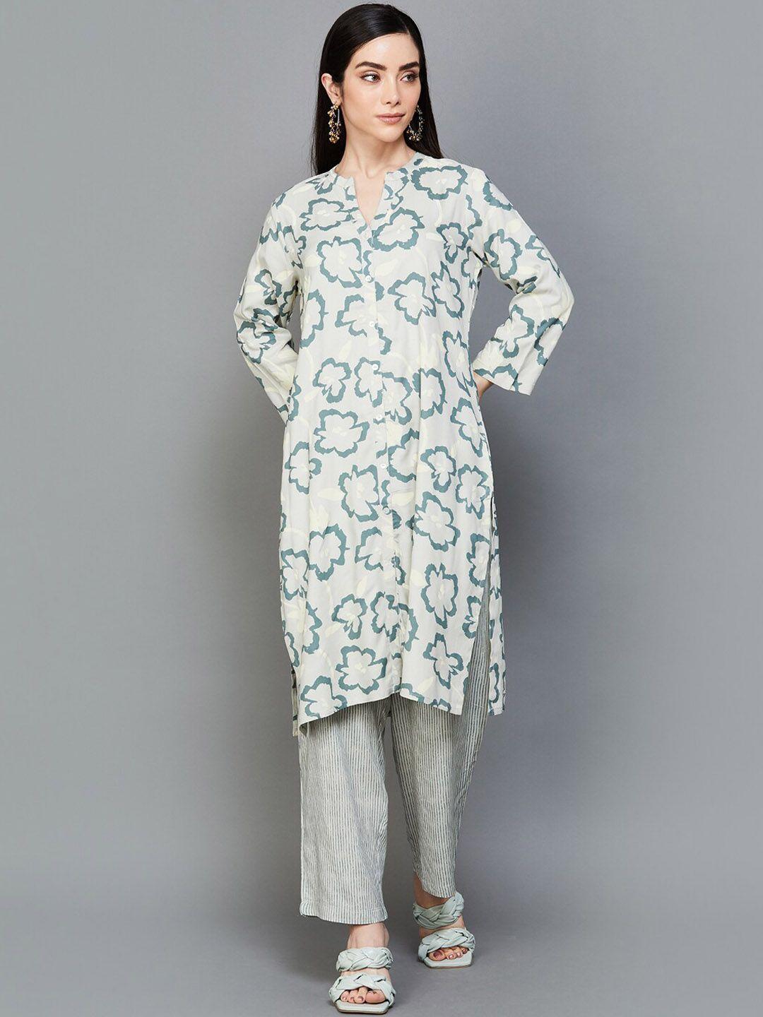 melange by lifestyle floral printed mandarin collar kurta with trousers