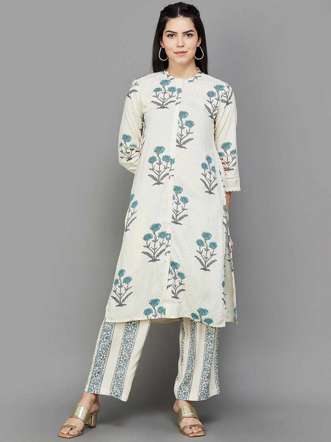 melange by lifestyle floral printed mandarin collar straight kurta with palazzos