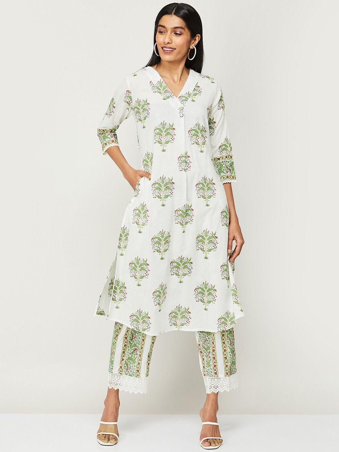 melange by lifestyle floral printed pure cotton kurta with trousers set