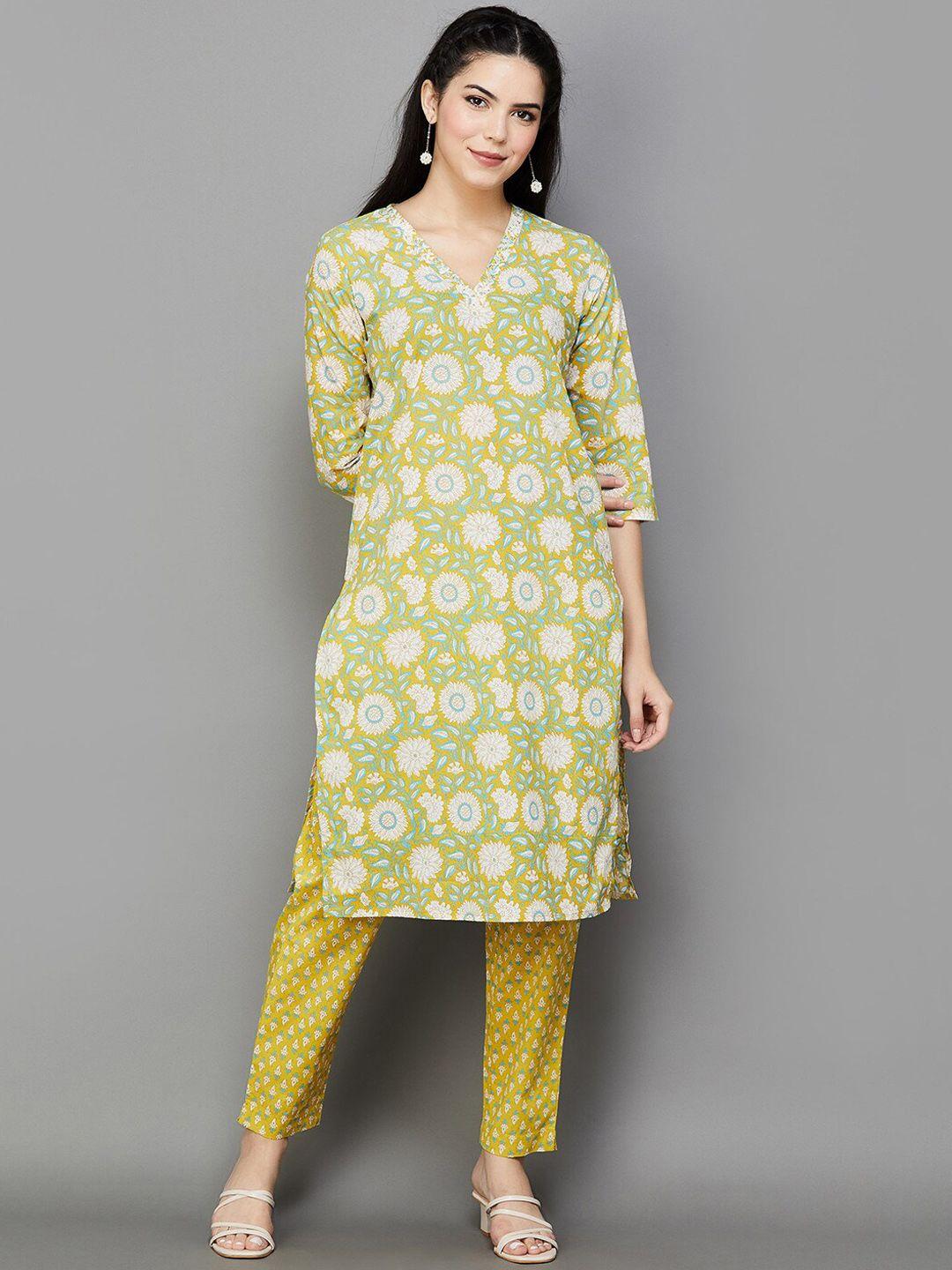 melange by lifestyle floral printed pure cotton kurta with trousers