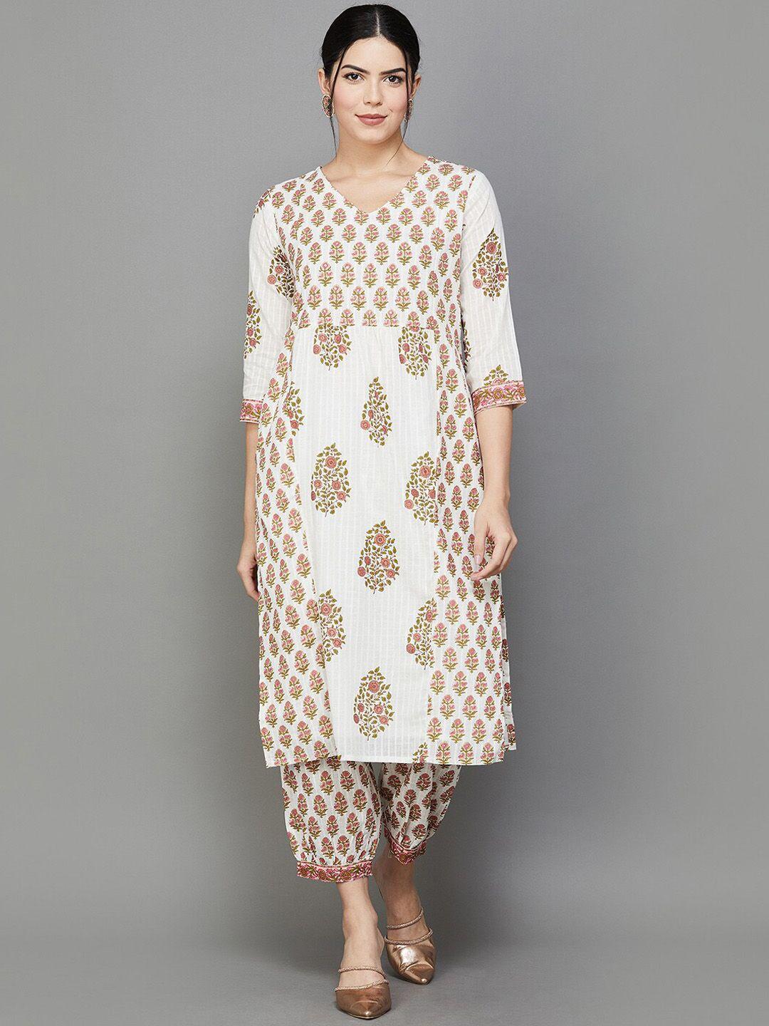 melange by lifestyle floral printed pure cotton regular kurta with salwar