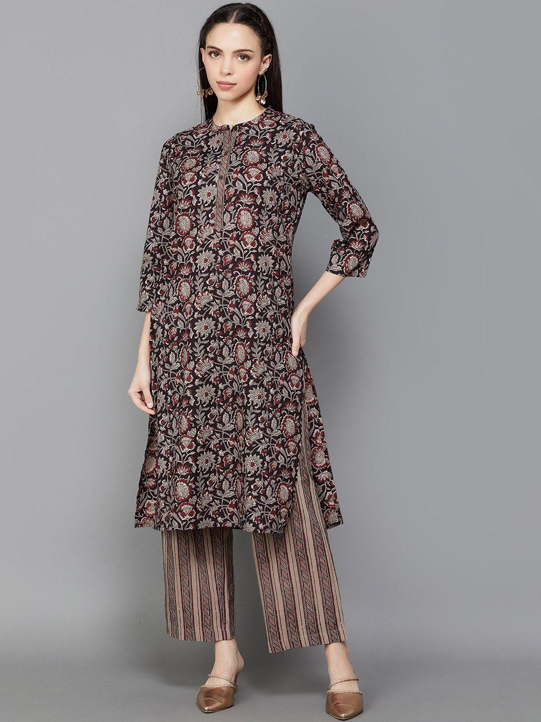 melange by lifestyle floral printed pure cotton regular kurta with trousers