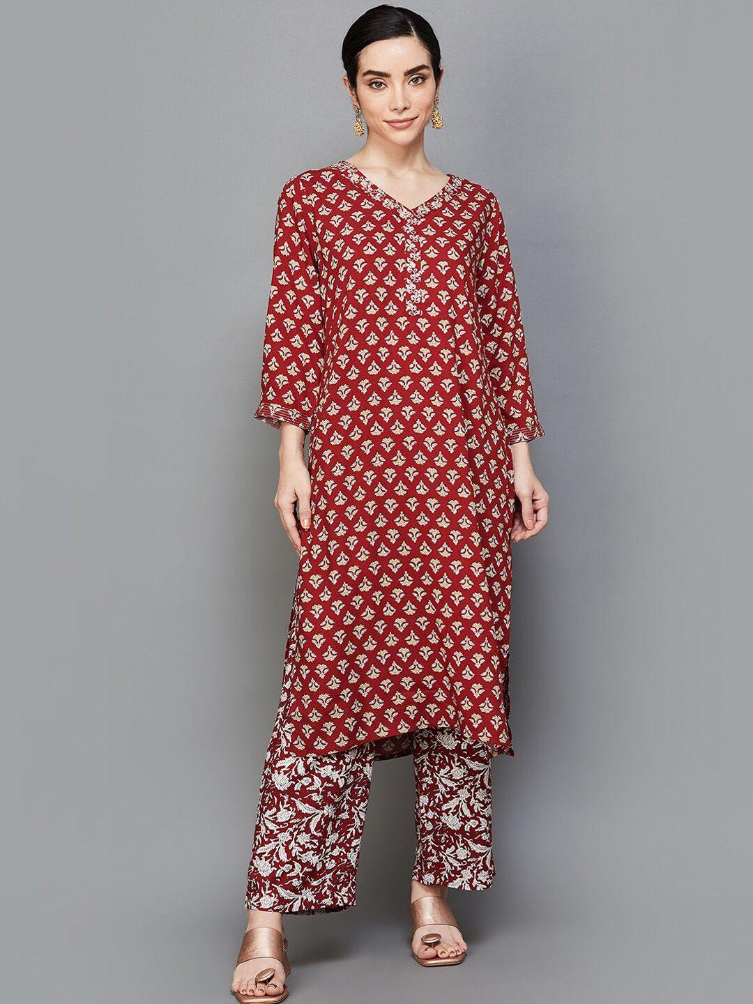 melange by lifestyle floral printed regular kurta with trousers