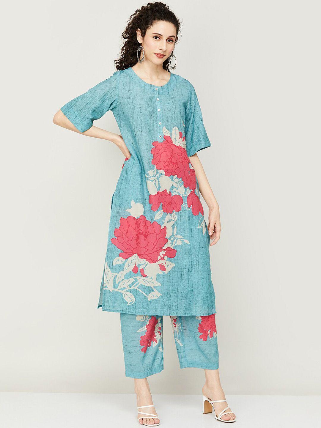 melange by lifestyle floral printed regular pure cotton kurta with trousers