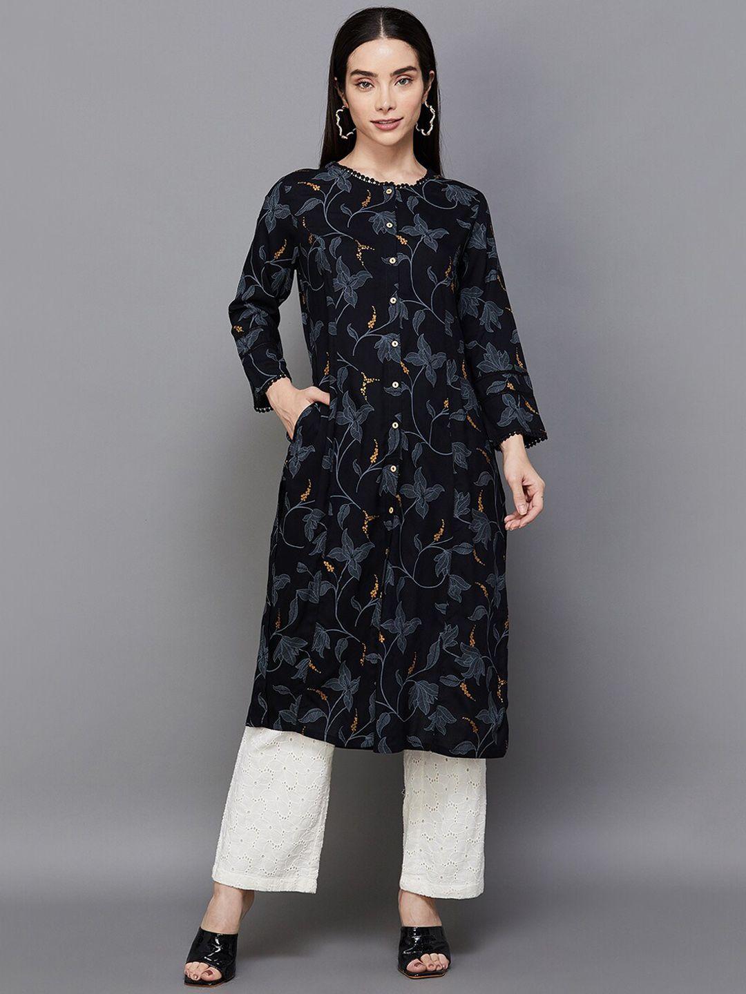 melange by lifestyle floral printed round neck gathered a-line kurta