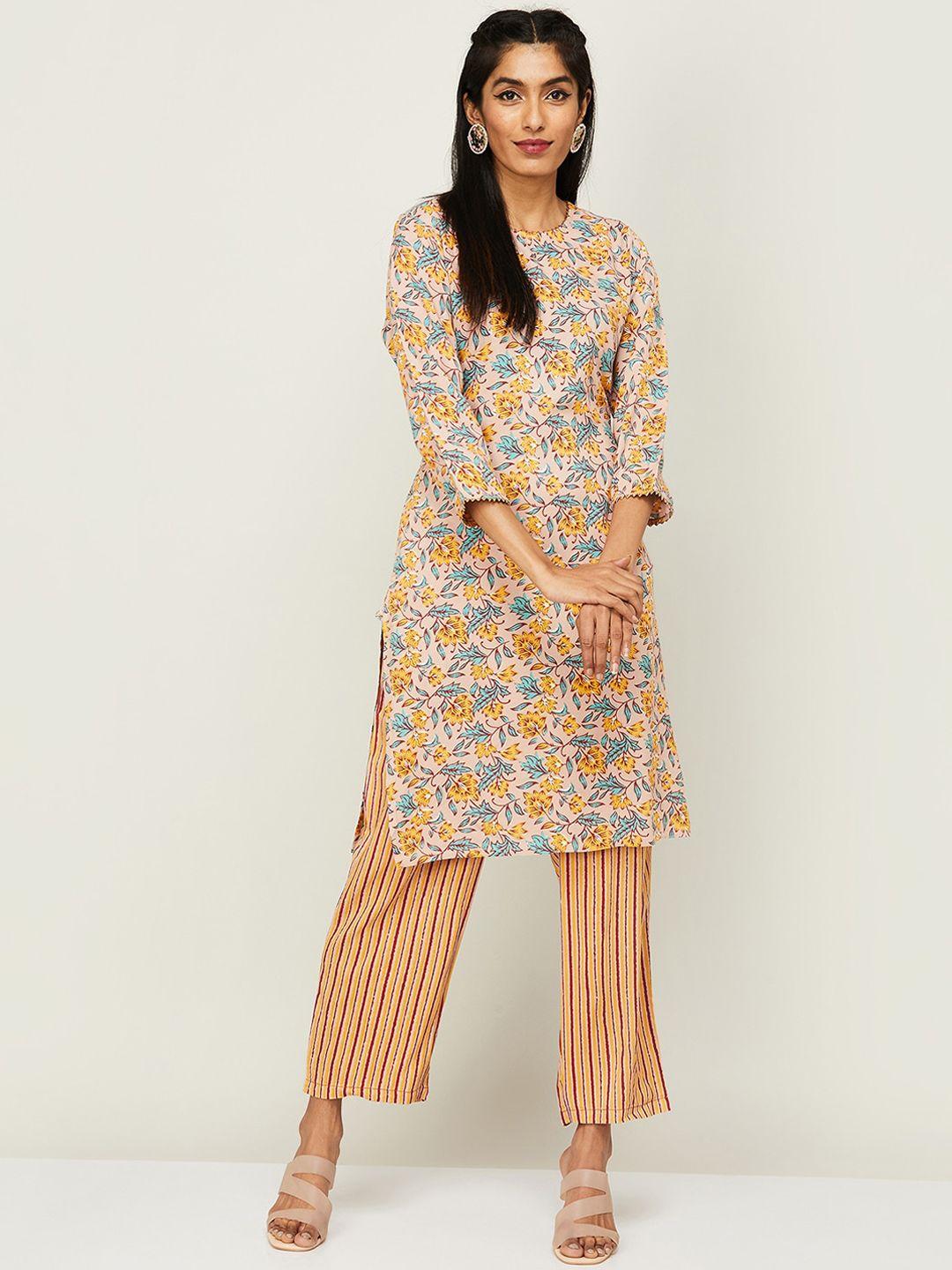 melange by lifestyle floral printed straight kurta with trousers