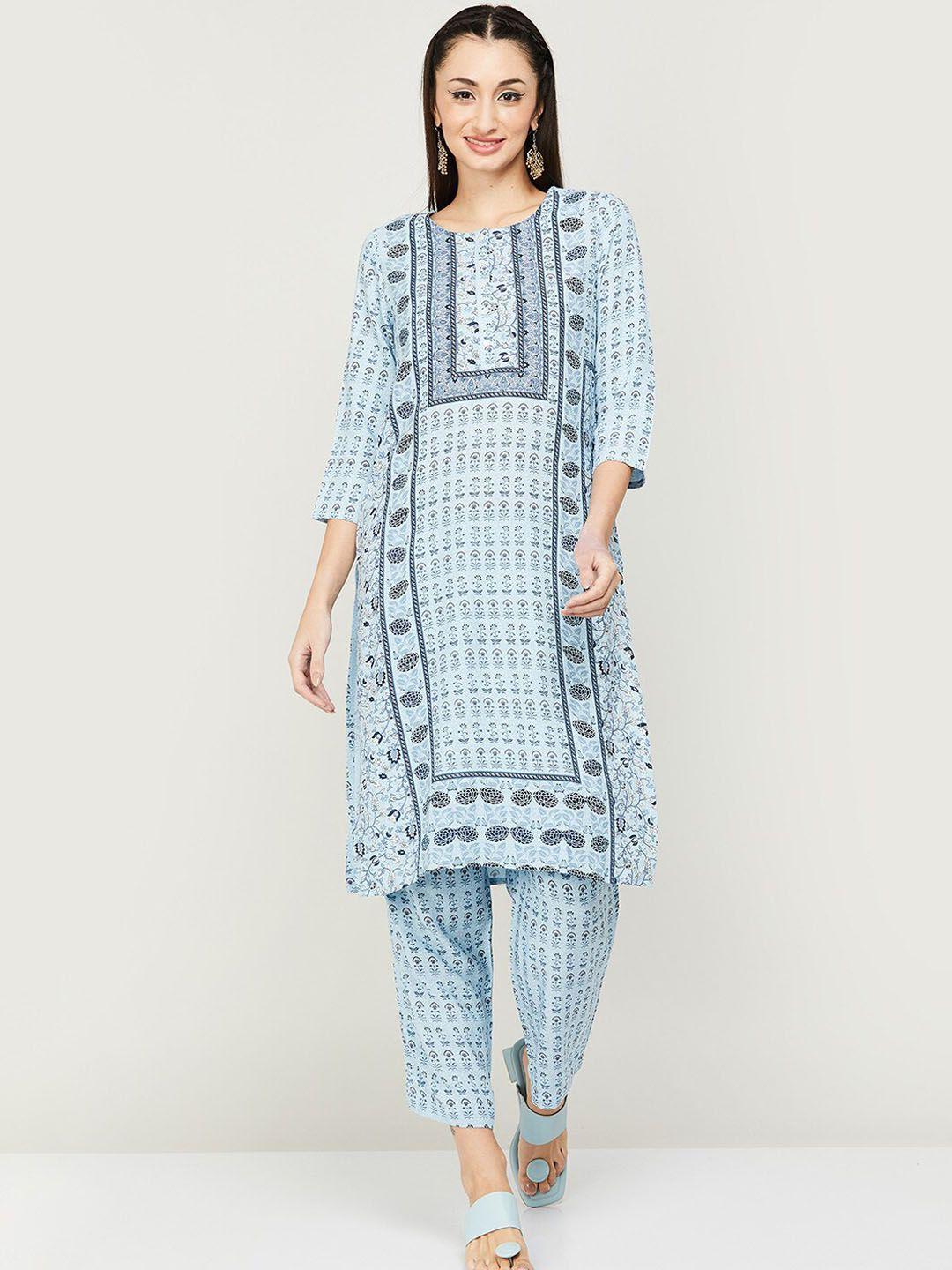 melange by lifestyle floral printed straight kurta with trousers