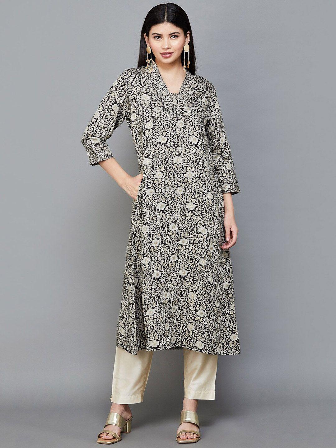 melange by lifestyle floral printed v-neck long sleeves kurta