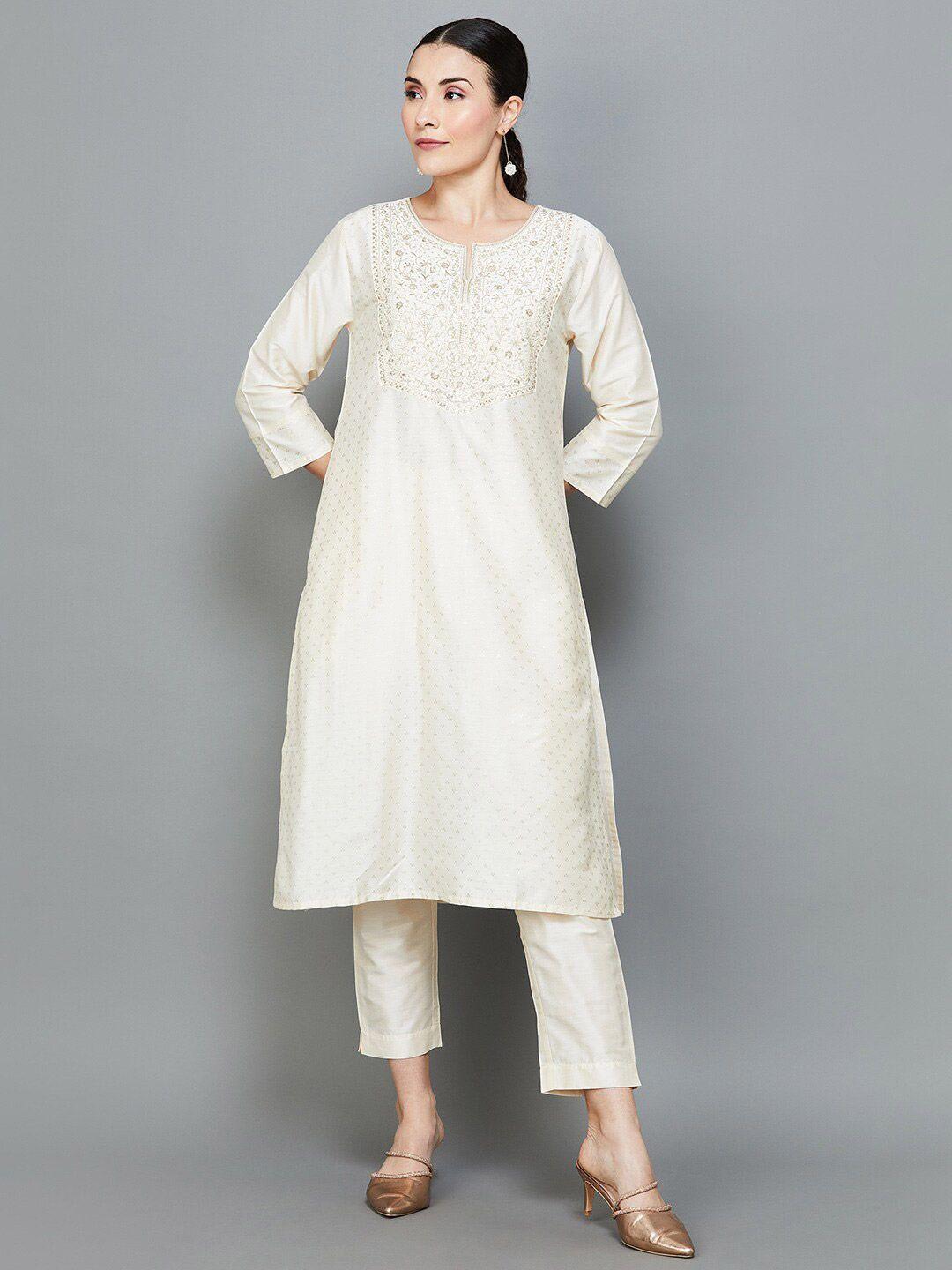 melange by lifestyle floral sequinned embroidered straight kurta with trousers