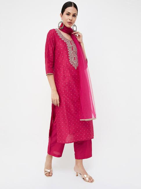 melange by lifestyle fuchsia embroidered kurta with pants & dupatta