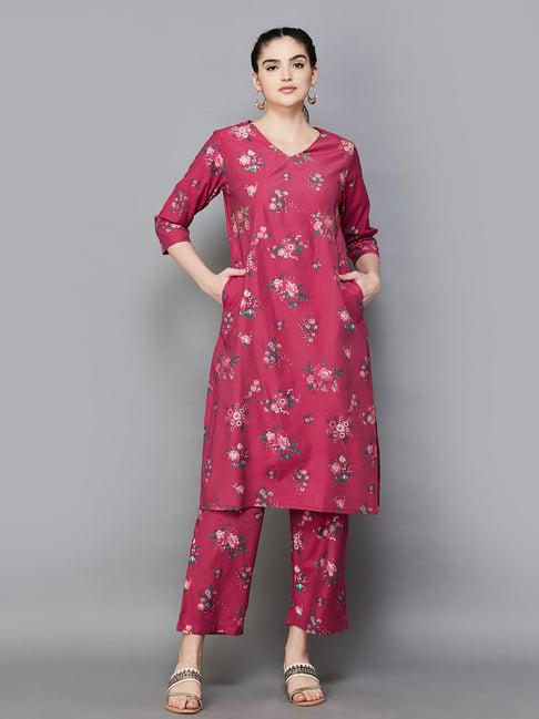 melange by lifestyle fuchsia floral print kurta with pants