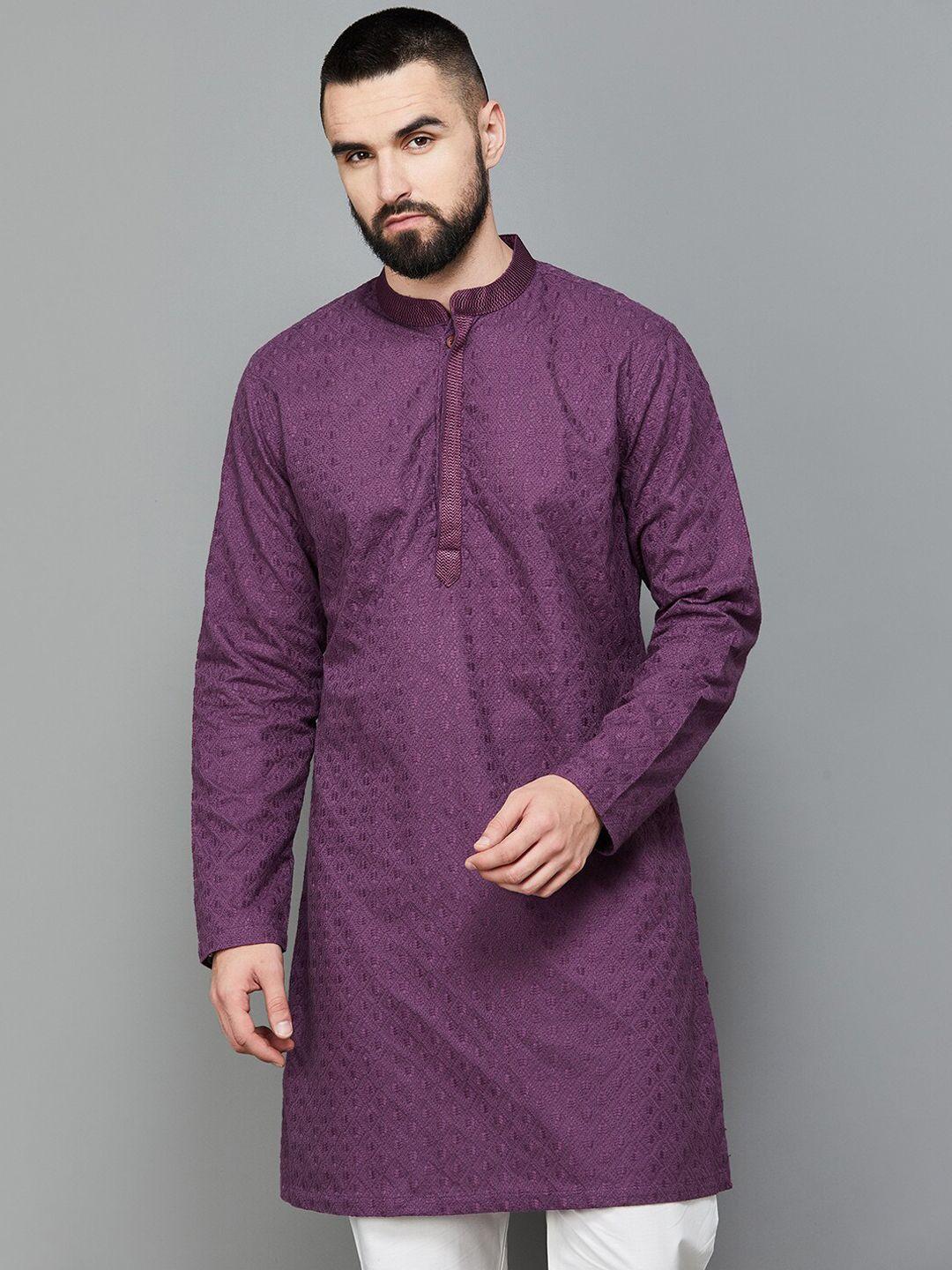 melange by lifestyle geometric embroidered mandarin collar pure cotton kurta