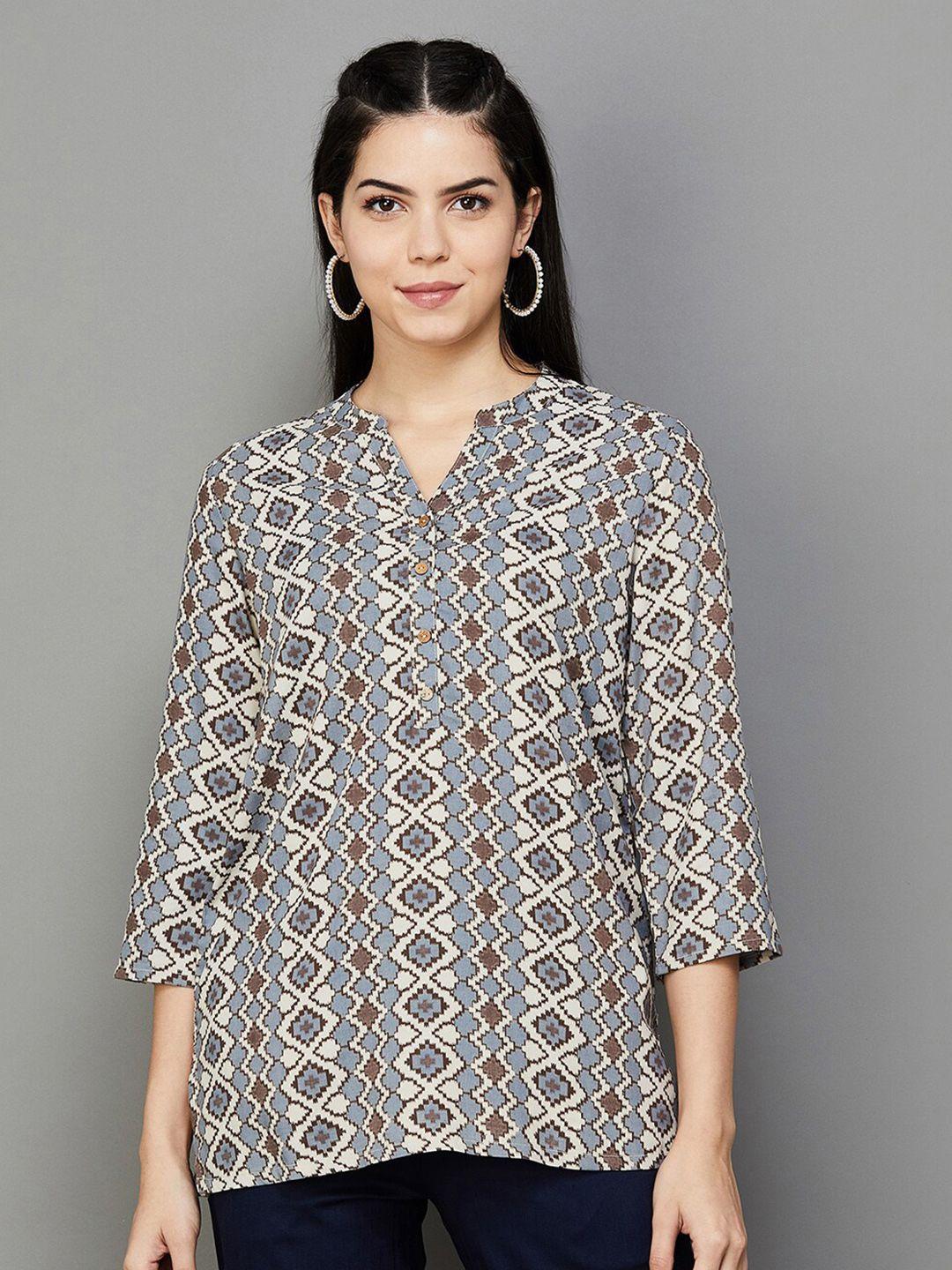 melange by lifestyle geometric printed mandarin collar kurti