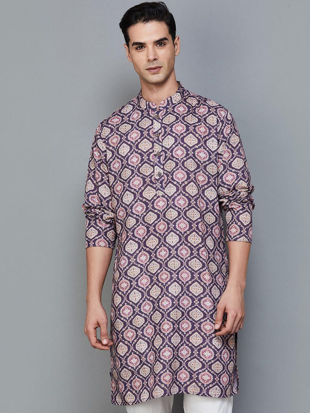 melange by lifestyle geometric printed mandarin collar sequinned straight kurta