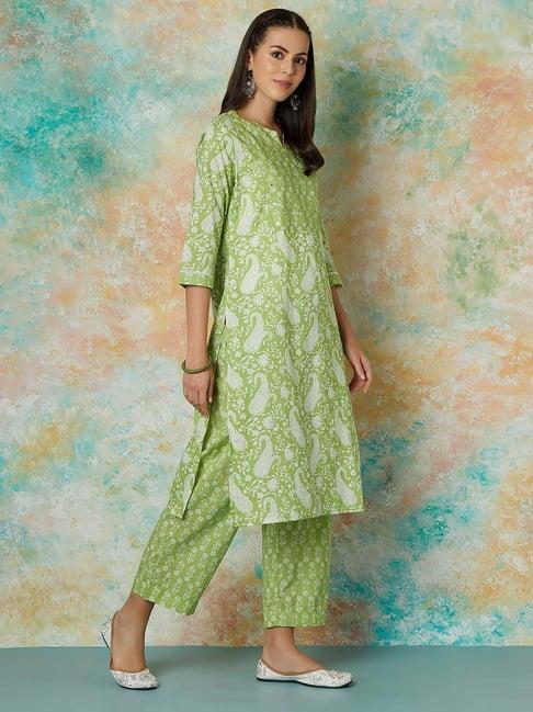 melange by lifestyle green cotton embroidered kurta & palazzo set