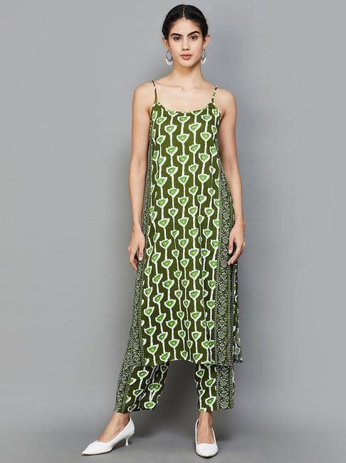 melange by lifestyle green cotton printed kurta pant set