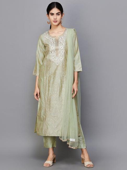 melange by lifestyle green embroidered kurta pant set with dupatta