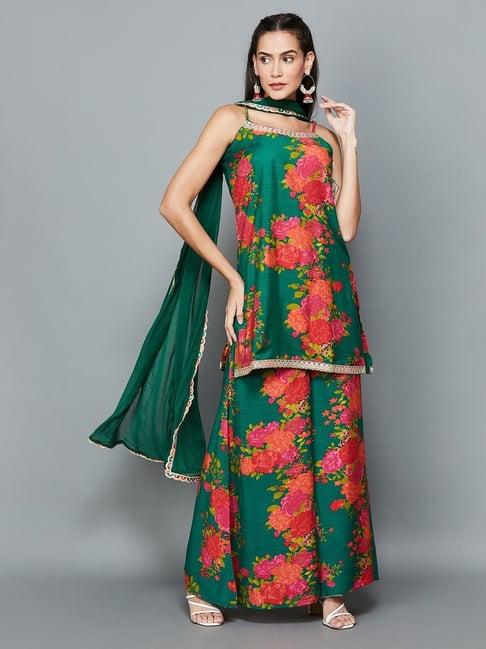 melange by lifestyle green floral print kurti sharara set with dupatta