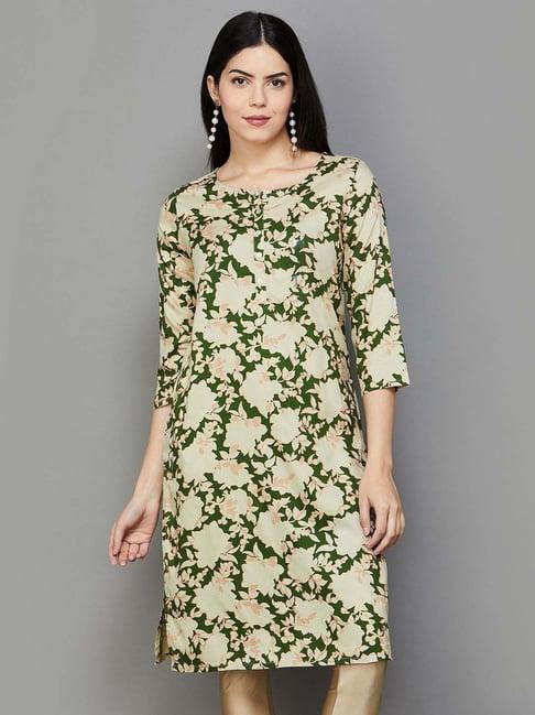 melange by lifestyle green floral print straight kurta