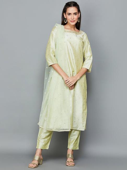 melange by lifestyle green printed kurta pant set with dupatta