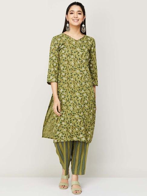 melange by lifestyle green printed kurta pant set