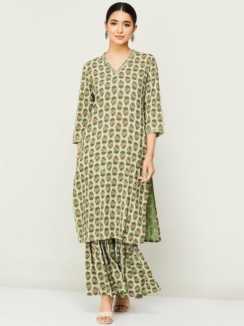 melange by lifestyle green printed kurta sharara set