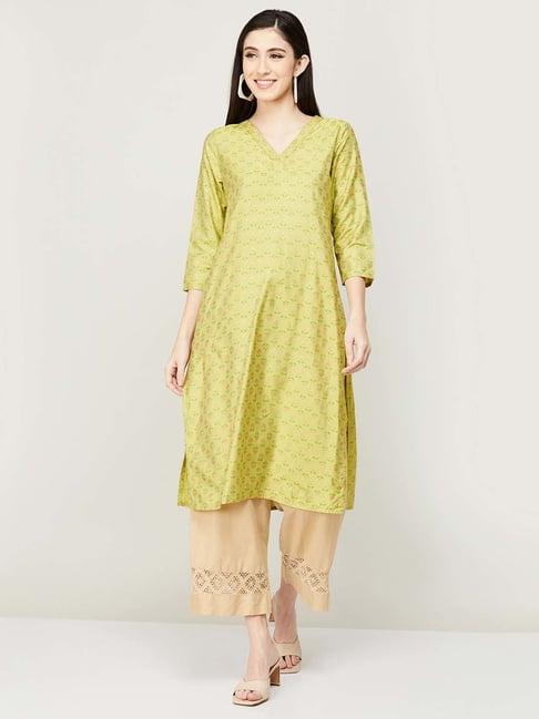 melange by lifestyle green printed straight kurta