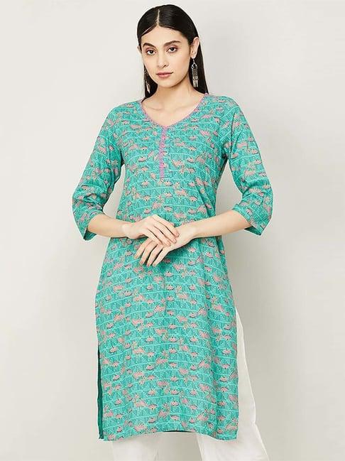 melange by lifestyle green printed straight kurta