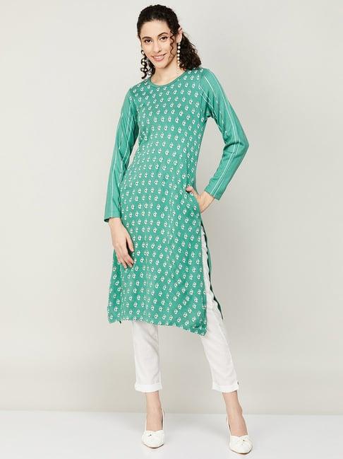 melange by lifestyle green printed straight kurta