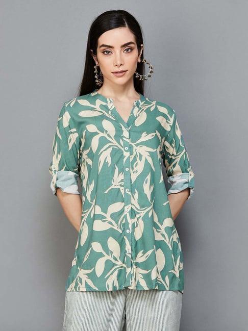 melange by lifestyle green printed straight short kurti