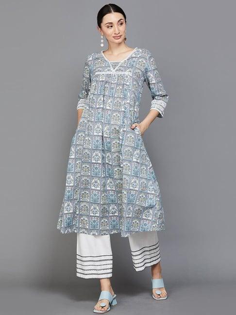 melange by lifestyle grey & blue cotton printed a line kurta