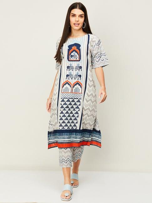 melange by lifestyle grey & blue printed kurta pant set