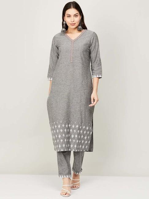 melange by lifestyle grey cotton kurta pant set