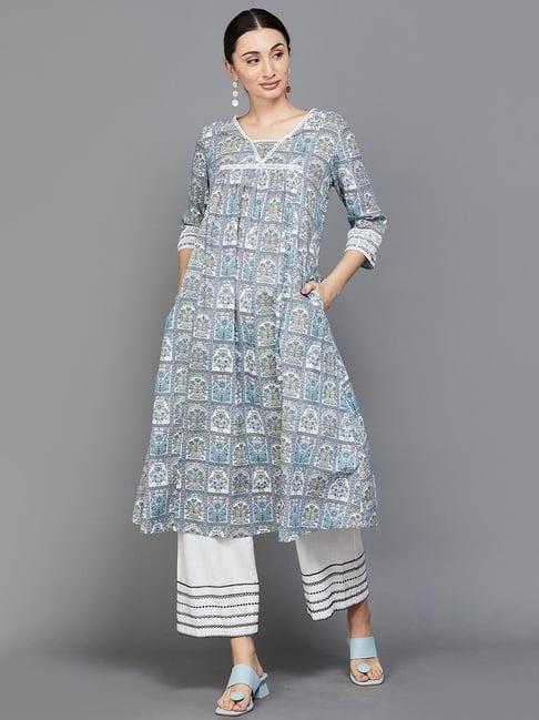 melange by lifestyle grey cotton printed a line kurta