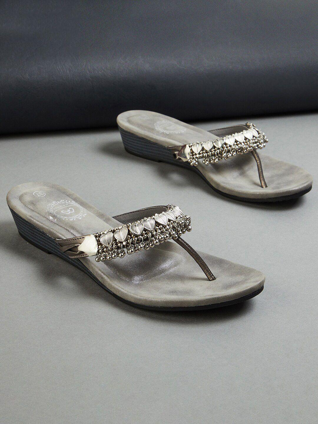 melange by lifestyle grey embellished ethnic wedge sandals