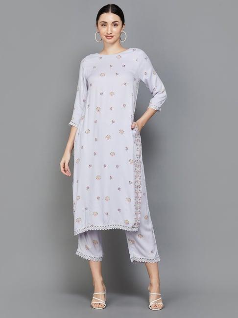 melange by lifestyle grey printed kurta pant set