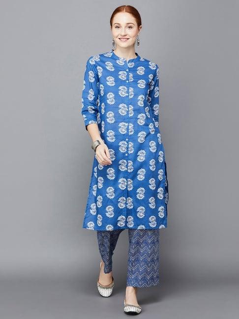 melange by lifestyle indigo & blue cotton printed kurta with pants