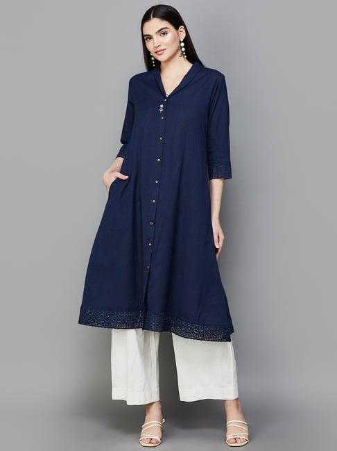 melange by lifestyle indigo blue cotton striped a line kurta with inner