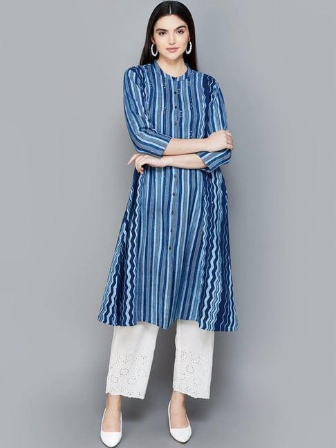 melange by lifestyle indigo blue cotton striped kurta