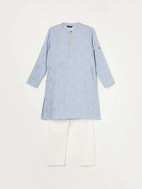 melange by lifestyle kids blue & white embellished full sleeves kurta set