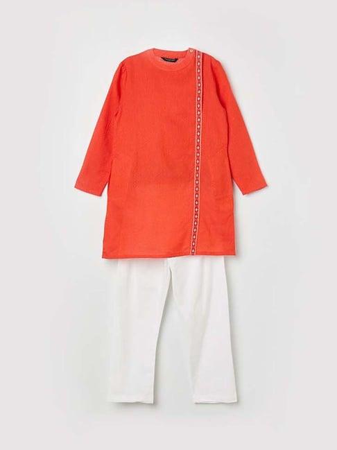 melange by lifestyle kids orange & white cotton printed full sleeves kurta set