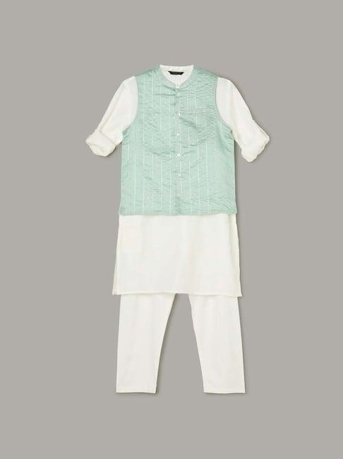 melange by lifestyle kids white & mint green cotton striped full sleeves kurta set