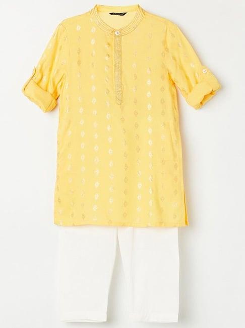 melange by lifestyle kids yellow & white embroidered full sleeves kurta set