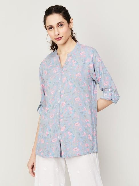 melange by lifestyle light blue & pink rayon floral print kurti